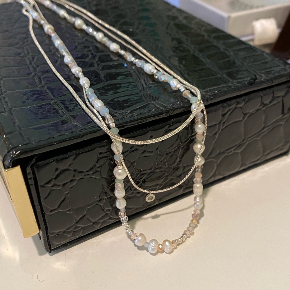 3 Layered Beaded Silver Necklace - Pink & Blue Pastel